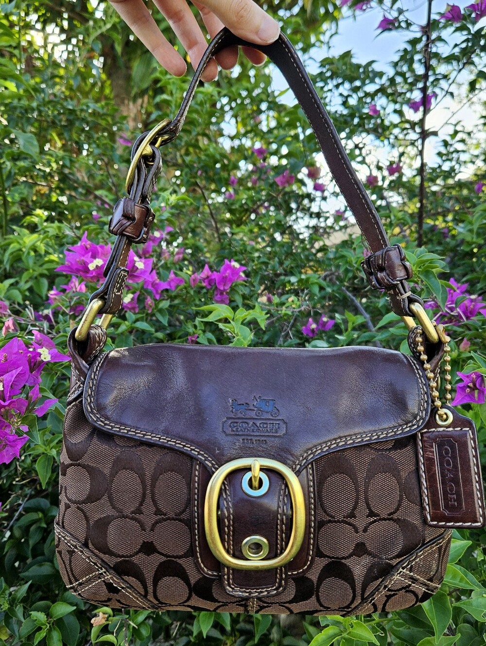Coach 11441 Signature Mini Bleecker Flap Chocolate Brown Jacquard Leather